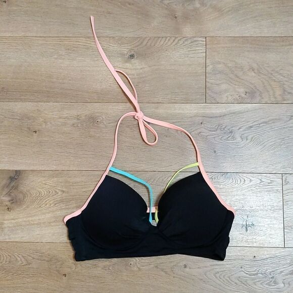 Victoria’s Secret Black Orange teal yellow Push Up Swim Suit Bikini Top 36C - Picture 1 of 9